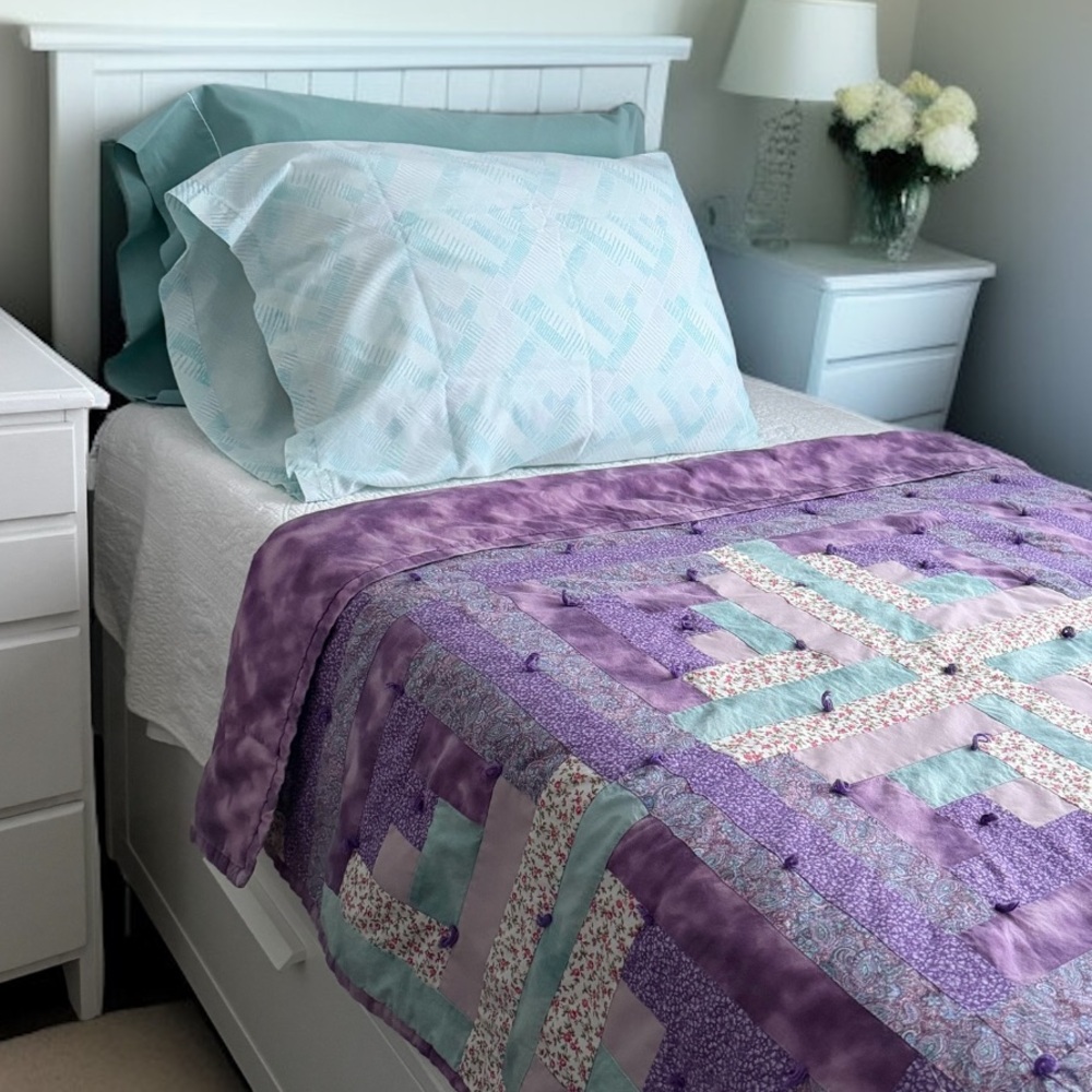 Vintage 80's Handmade Log Cabin Patchwork Quilt